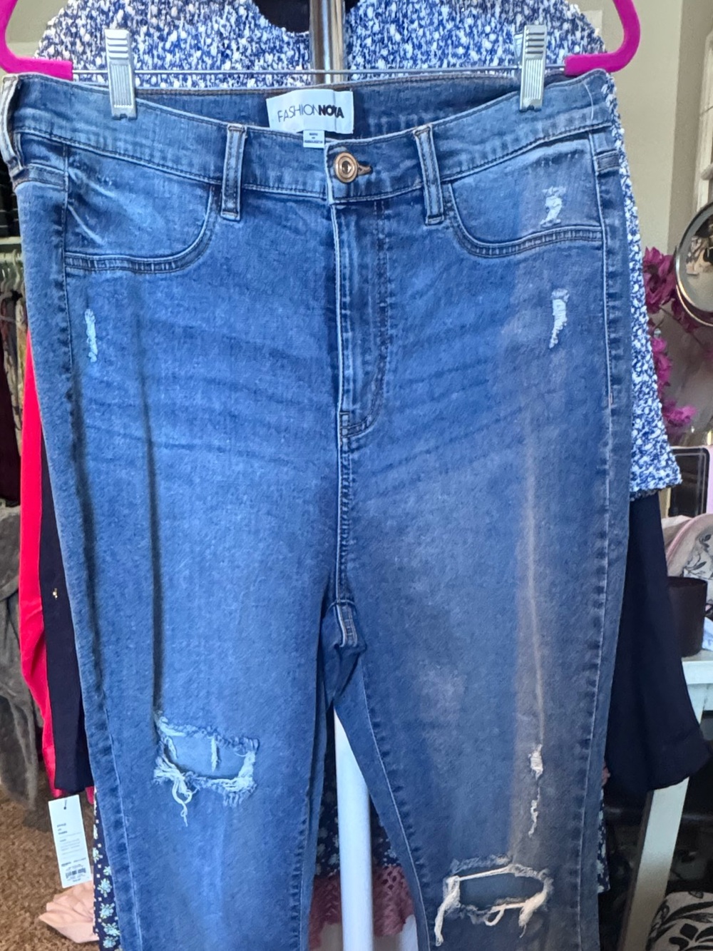 Fashion Nova Distressed Boyfriend Jeans in Faded Blue